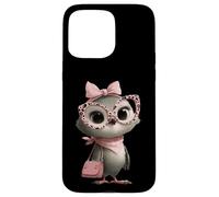 Custodia per iPhone 15 Pro Max Ritratto di occhiali quadrati leopardo rosa con uccellino Kawaii bambino gufo