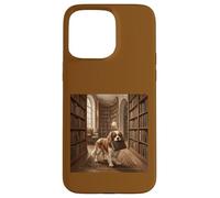 Custodia per iPhone 15 Pro Max Scena di lettura del libro del cane della biblioteca di Cavalier Spaniel