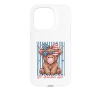 Custodia per iPhone 15 Pro Occhiali da sole Patriotic Highland Cow Pink Bubble