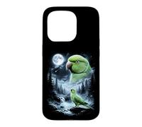 Custodia per iPhone 15 Pro Pappagallo indiano ringneck che ulula alla luna anni '90 retrò uccello
