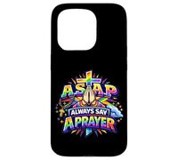 Custodia per iPhone 15 Pro Rosario cristiano con croce arcobaleno e scritta "Always Say A Prayer