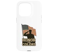 Custodia per iPhone 15 Pro Sagoma e bandiera patriottica 'Honor the Colors' Saluting