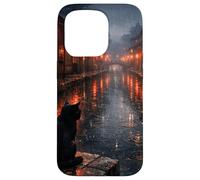 Custodia per iPhone 15 Pro Scena di strada piovosa del gatto nero del gatto nero giapponese