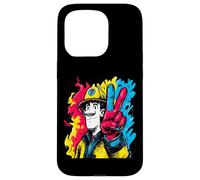 Custodia per iPhone 15 Pro Segno della pace vigile del fuoco retrò pop eroe grafico gesto fuoco