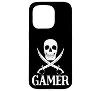 Custodia per iPhone 15 Pro Spade pirata del giocatore con l'attrezzatura di gioco del cranio per i giochi dei pirati