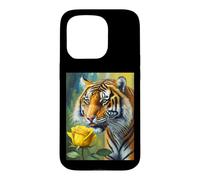 Custodia per iPhone 15 Pro Tiger Sniffing a Yellow Rose Illustration Graphic Design