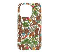 Custodia per iPhone 15 Pro Ukulele Tiki hawaiano con fiori di ibisco e palma