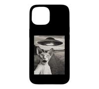Custodia per iPhone 15 Sphynx Cat Selfie Con Alien Ship UFO Abduction Retro Foto