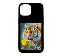 Custodia per iPhone 15 Tiger Sniffing a Yellow Rose Illustration Graphic Design