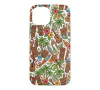 Custodia per iPhone 15 Ukulele Tiki hawaiano con fiori di ibisco e palma