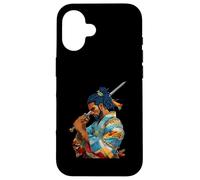 Custodia per iPhone 16 Afro Americano Samurai Anime Cartoon Giapponese Bushido Guerriero