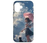 Custodia per iPhone 16 Anime Angel Girl & Black Cat Estetica Lo-Fi Pioggia