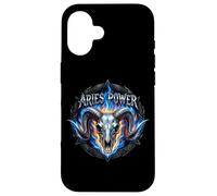 Custodia per iPhone 16 Ariete Power Zodiac Ram Skull Blue Fire Heavy Metal Biker