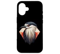 Custodia per iPhone 16 Arte geometrica dell'airone notturno coronato nero, carino uccello Lov