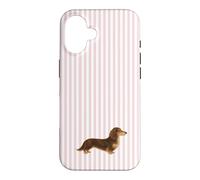 Custodia per iPhone 16 Bassotto a pelo lungo marrone e crema a righe rosa