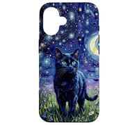 Custodia per iPhone 16 Black Cat Night Glow Stars and Moon Opera d'arte
