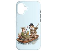 Custodia per iPhone 16 Bulldog inglese cani coppia innamorata drink barca Inghilterra