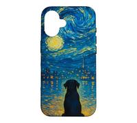 Custodia per iPhone 16 Cane Labrador Retriever nero che guarda il cielo di Van sull'acqua