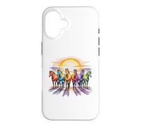 Custodia per iPhone 16 Cavalli colorati in acquerello arcobaleno con Sunrise Equine