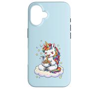 Custodia per iPhone 16 Chibi Unicorno Mangia Arcobaleno Spaghetti Pasta Grafica