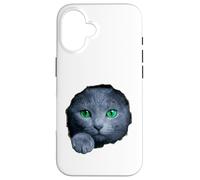 Custodia per iPhone 16 Colpisce il gatto blu russo con gli occhi verdi che sbirciano attraverso