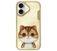 Custodia per iPhone 16 con gatto Nimmy dagli occhi grandi, colore kaki.