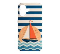 Custodia per iPhone 16 Design a strisce nautiche in barca a vela verso il tramonto