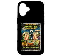 Custodia per iPhone 16 Design Film Horror Retro Finto con Popcorn Mostri Drive-In