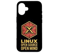 Custodia per iPhone 16 Distintivo esagonale divertente Open Source Open Mind Linux