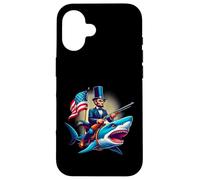 Custodia per iPhone 16 Divertente 4 luglio 4 luglio Abe Abraham Lincoln Equitazione di uno squalo
