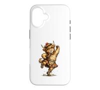 Custodia per iPhone 16 Divertente Highland Cow Esecuzione Scozzese Danza