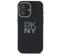 Custodia per iPhone 16 DKNY in silicone liquido con logo in metallo, colore nero