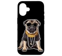Custodia per iPhone 16 Gangster Pug Hip Hop Cane con occhiali da sole e catena d'oro