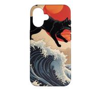 Custodia per iPhone 16 Gatto giapponese che cammina sopra la grande onda Hokusai