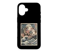 Custodia per iPhone 16 Gatto vs T-Rex giapponese Ukiyo-e Kaiju Monster Art