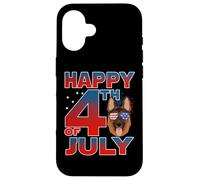 Custodia per iPhone 16 German Shepherd Dog American Flag Glasses Happy 4th Of July