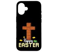 Custodia per iPhone 16 Happy Easter Block Building Brick Builder Gesù Croce Fede