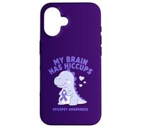 Custodia per iPhone 16 Il mio cervello ha singhiozzo Consapevolezza dell'epilessia Dino Purple Ribbon