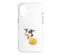 Custodia per iPhone 16 Illustrazione Mucca Carina con Balla di Fieno Rotonda
