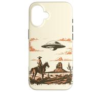 Custodia per iPhone 16 Incontro Vintage tra Cowboy e Alieno nel Deserto
