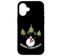 Custodia per iPhone 16 Merry Christmas Pupazzo di neve e alberi di pino