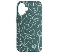 Custodia per iPhone 16 Modern Line Art Poppy Flower Leaves Boho Dark Green