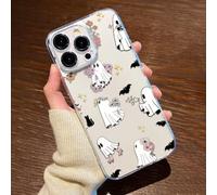 Custodia per iPhone 16, morbida e trasparente con pipistrello fantasma e piccolo fiore - Custodia creativa per telefono di Halloween che può proteggere efficacemente il tuo telefono (16, pipistrello