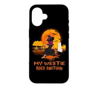 Custodia per iPhone 16 My Westie Rides Shotgun Dog Witch Funny Halloween Costume