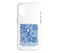 Custodia per iPhone 16 Nastro blu floreale "Nobody Fights Alone" del guerriero del cancro al colon