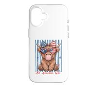 Custodia per iPhone 16 Occhiali da sole Patriotic Highland Cow Pink Bubble