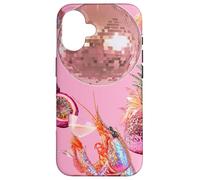 Custodia per iPhone 16 Pink Preppy Disco Ball Gamberetti Martini Cocktail Estate Divertente