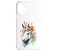 Custodia per iPhone 16 Plus Acquarello etereo Unicorno Floreale Testa Fantasy Art