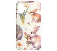 Custodia per iPhone 16 Plus Aesthetic Spring Flower Patter Vintage Easter Bunny Rabbit
