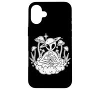 Custodia per iPhone 16 Plus Alien UFO Funghi Universo Spazio Esterno Blackwork